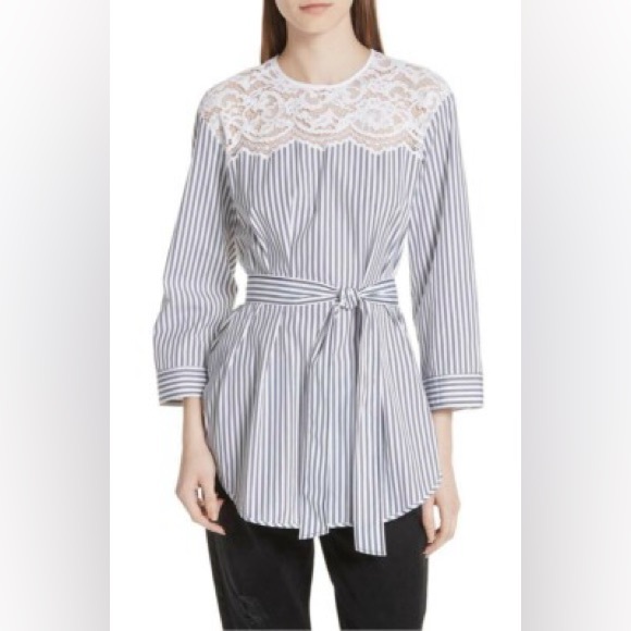 Sandro Blanc Lace Detail Stripe Cotton Tunic - Size 3/US 8 - Picture 1 of 12